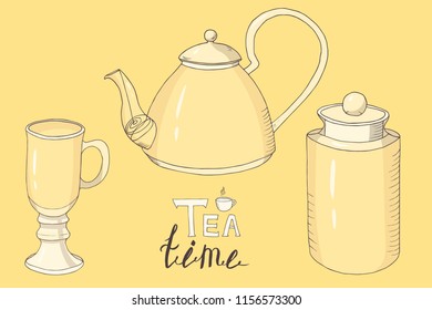 tea time collection: transparent glass cup, teapot, jar;  postcard, vector set  isolated elements