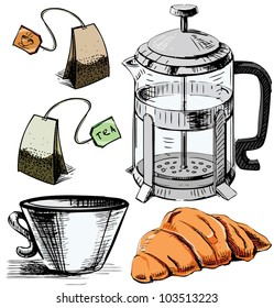 Tea time colorful objects collection. Hand drawing sketch vector illustration