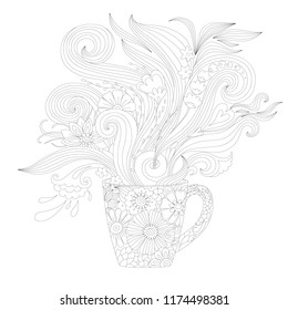 tea time, coloring page for adults, floral pattern