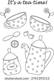Tea Time Coloring Page with Teapot, Cups, Sugar Bowl and Lemon Slice – Cute Hand Drawn Outline Vector Illustration for Kids and Adults