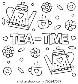 Tea time. Coloring page. Vector illustration.