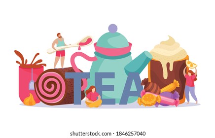 Tea time composition with flat images of sweets and candies teapot cup and doodle human characters vector illustration