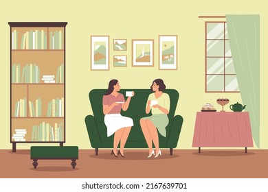 Tea time composition with two young women chatting in living room flat vector illustration