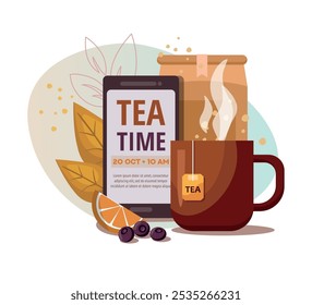 Tea time concept. Brown tea mug, lemon and tea packaging on white background with phone. Screen template for mobile phone.