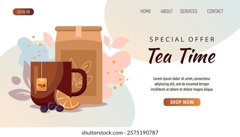 Tea time concept. Brown tea mug, lemon and blueberry on white background. Template web banner.