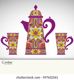 Tea time concept or business coffee break, interior background. Teapot and cups with decorative hand drawn ornament. Isolated elements for invitation card design, fabric or paper print