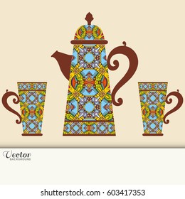 Tea time concept or business coffee break, interior background. Teapot and cups with decorative hand drawn ornament. Isolated elements for invitation card design, fabric or paper print
