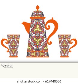 Tea time concept or business coffee break, interior background. Teapot and cups with decorative hand drawn ornament. Isolated elements for invitation card design, fabric or paper print