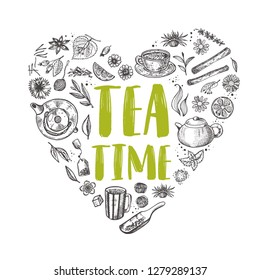 Tea time concept design. Shape of a heart. Hand drawn vector illustration. Can be used for cafe, cafeteria, market, menu, shop, bar, bistro, restaurant, poster, label, sticker, logo. 