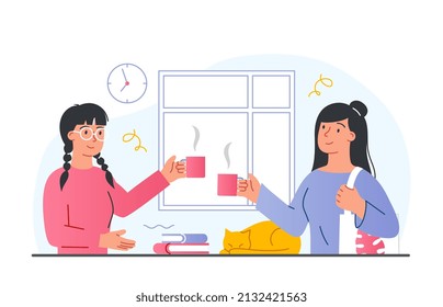 El concepto de tiempo de té. Niñas en el apartamento con café, descansan después del trabajo. Mamá e hija pasan tiempo juntos, mañana en familia. Confort y comodidad, azafatas con gato. Dibujo vectorial plano de dibujos animados