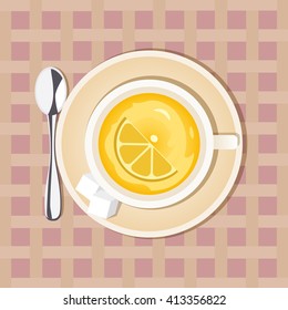 Tea time concept. Good morning beverage Concept. Cup graphic element. Lemon hot drink. Dieting sliced fruit. Citrus drink. Healthy green tea. Vintage retro style decoration design. Vector illustration