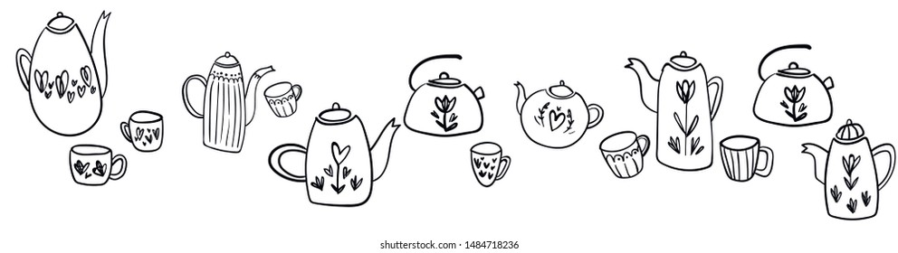 Tea time concept. Hand drawn vintage print with teapot. 