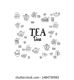 Tea time concept. Hand drawn vintage print with teapot. Boho frame and card. 