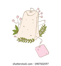 Tea time concept. Hand drawn cute doodle tea bag with green leaves and pink flowers, tea time, isolated vector illustration on white background