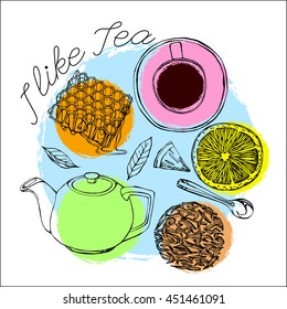 Tea time concept. Hand drawn artistic vector illustration on a white background. Graphic design idea useful for menu, restaurant decoration, food and culinary books design.