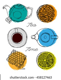 Tea time concept. Hand drawn artistic vector illustration. Graphic design idea useful for menu, restaurant decoration, food and culinary books design.