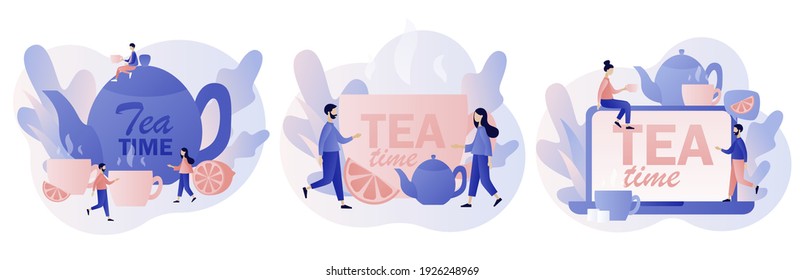 Tea time concept. Hot drinks party. Tiny people drinking tea. Kettle, cup, lemon slice and sugar cubes. Modern flat cartoon style. Vector illustration on white background