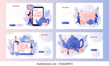 Tea time concept. Hot drinks party. Tiny people drinking tea. Kettle, cup, lemon. Screen template for mobile smart phone, landing page, template, ui, web, mobile app, poster, banner, flyer. Vector 