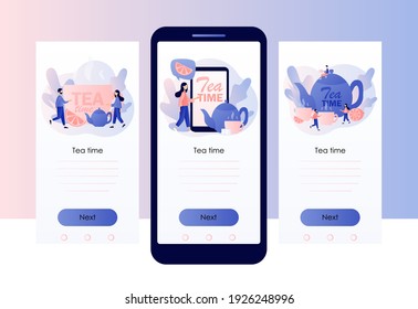Tea time concept. Hot drinks party. Tiny people drinking tea. Kettle, cup, lemon slice and sugar cubes. Screen template for mobile smart phone. Modern flat cartoon style. Vector illustration