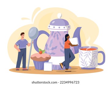 Tea time concept. Man and woman with large utensils, hot drink. Dessert and delicacy. Mug, teapot and cupcake. Cafe or restaurant. Poster or banner for website. Cartoon flat vector illustration