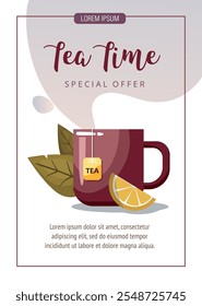 Tea time concept. Tea mug, lemon and tea packaging on white background