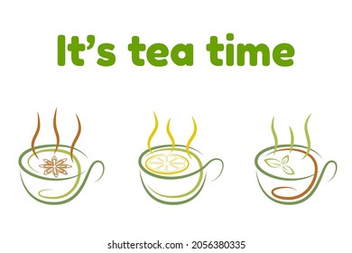 Tea time concept. Mugs of tea with anise, lemon, and mint. Vector illustration in flat style. Line art.