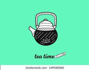 Tea time concept. Poster or banner design. Hand drawn sketch. Vector illustration.