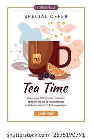 Tea time concept poster. Brown tea mug, lemon and blueberry on white background. Template for poster, web banner, card