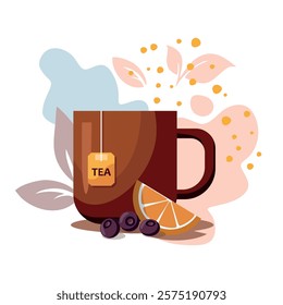 Tea time concept poster. Brown tea mug, lemon and blueberry on white background. T