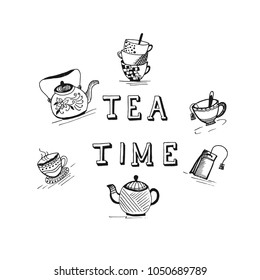 Tea time concept in sketch style, hand drawn vector illustration 