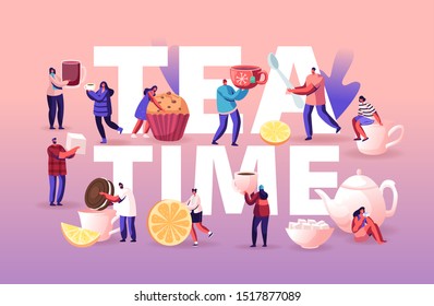 Tea Time Concept with Tiny Men and Women Drink Tea with Pastry, Rolling Lemon Slice to Huge Cup with Hot Tea, Festive Winter Time Party Poster, Banner, Flyer, Brochure. Flat Vector Illustration