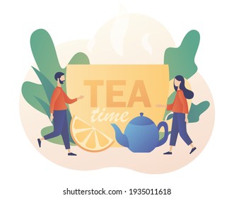 Tea time concept. Tiny people drinking tea. Hot drinks party. Big cup, kettle and lemon slice. Modern flat cartoon style. Vector illustration on white background