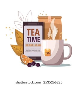 Tea time concept. White tea mug, lemon and tea packaging on white background with phone. Screen template for mobile phone.