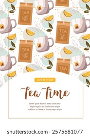 Tea time concept. White tea mug and lemon pattern on white background. Template for poster, card, flyer