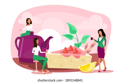 Tea time concept with women drinking tea with sweets and slice of lemon. Huge teapot with hot tea, rest time. Poster, banner, flyer, brochure flat vector illustration