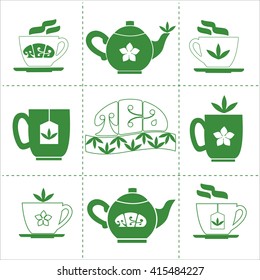 Tea time concept.Green Tea house or shop logo set. Cup, mug, pot with green jasmine hot drink. Cafe menu, restaurant or bar decoration. Jasmine flower, tea leaves.Vector illustration