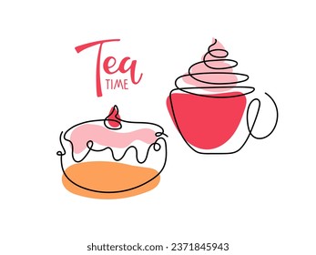 Tea time. Continuous one line drawing hot drink cup and bakery doughnut. Foamy whipped coffee with baking. Sketch Vector isolated. Hot Drink and food Advertising for cafe menu, party decor, template