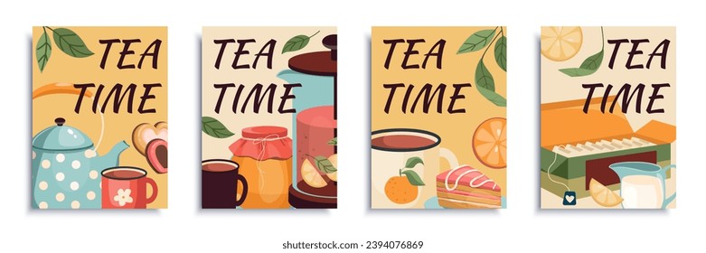 Tea time cover brochure set in flat design. Poster templates with cozy kettle, mugs and cups with beverage, honey or jam, milk in jar, lemons, cakes, cookies, tea packages in box. Vector illustration.