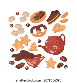 Tea time. Cozy winter. Ceramic mug, teapot. Pastries, cookies, biscuits with cream, cake. Candy, caramel, chocolate. Sugar cubes.