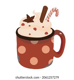 Tea time. Cozy winter. Metal red mug with white polka dots. Spices, cinnamon. Christmas caramel. Coffee, tea, cocoa, hot chocolate. Whipped cream. Vector colorful element on a white background