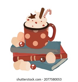 Tea time. Cozy winter. Metal red mug with white polka dots. Spices, cinnamon. Christmas caramel. Books, literature. Marshmallow. Coffee, tea, cocoa, hot chocolate. Whipped cream.