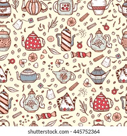 Tea Time. Crockery and sweets food. Hand Drawn Doodle Different Teapots and additives for tea Vector Seamless pattern. 