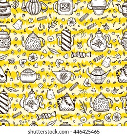 Tea Time. Crockery and sweets food. Grunge striped background with kettles. Hand Drawn Doodle Different Teapots and additives for tea Vector Seamless pattern. 