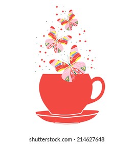 Tea Time. A cup of tea with butterflies isolated on white background. Invitation to tea drinking.Place for your text.Vector illustration. Menu for cafe or restaurant.