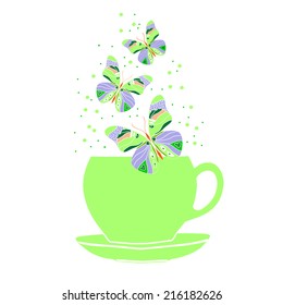 Tea Time. A cup of tea with butterflies isolated on white background. Invitation to tea drinking.Place for your text.Vector illustration. Menu for cafe or restaurant.