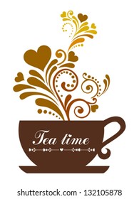 Tea time. Cup with floral design elements. Vector illustration.