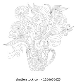 tea time , cup with floral pattern, anti-stress coloring page