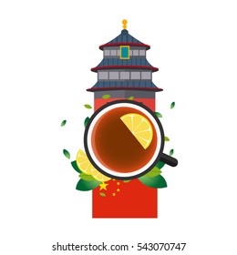Tea time. Cup of tea with lemon. Chinese tea. Vector illustration