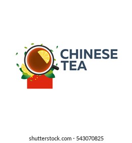 Tea time. Cup of tea with lemon. Chinese tea. Vector illustration