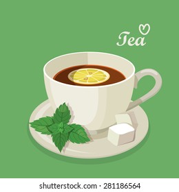 Tea time. Cup of tea with lemon and mint